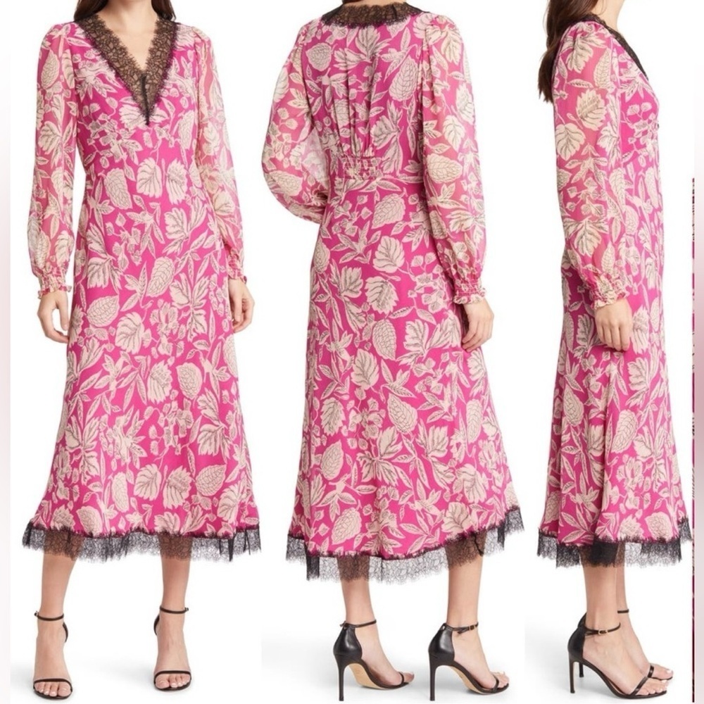 Ted Baker Floral Pink Dress with Black Lace